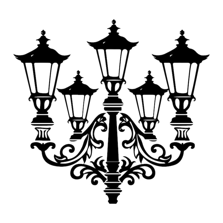Vettore albero vintage isolato lampada da giardino vintage silhouette illustrazione vettoriale della luce stradale