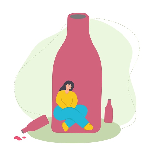 Alcolismo femminile Una ragazza triste si siede in una bottiglia di vino Cattiva abitudine dipendenza dall'alcol Illustrazione vettoriale piatta