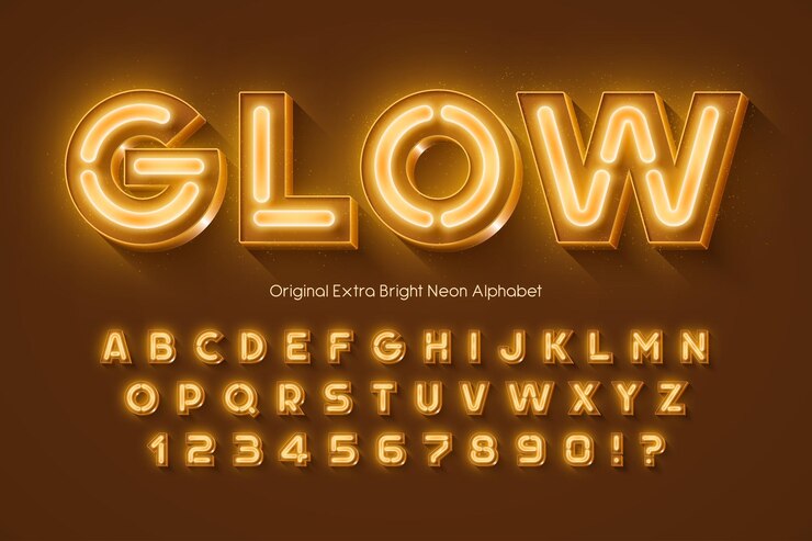 Vettore alfabeto 3d con luce al neon, tipo originale retrò-futuristico. controllo del colore del campione.