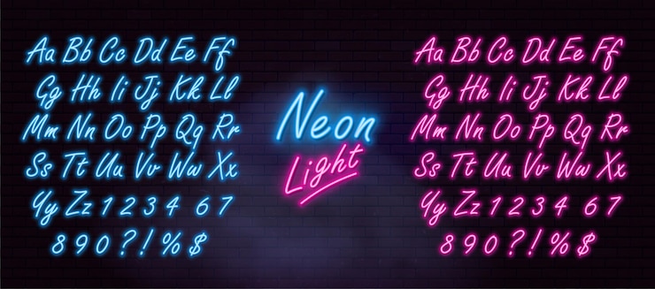 Vettore alfabeto al neon realistico sul muro di mattoni scuri.