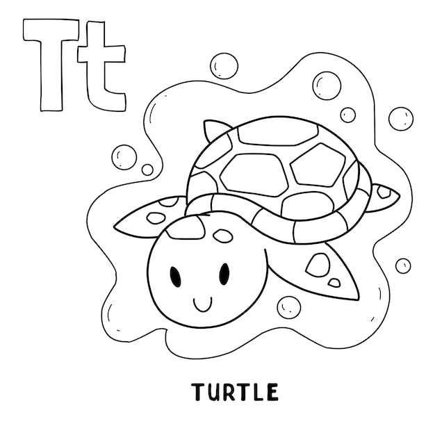 Alfabeto animale tartaruga per colorare con parola disegnata a mano lettera animale cartone animato