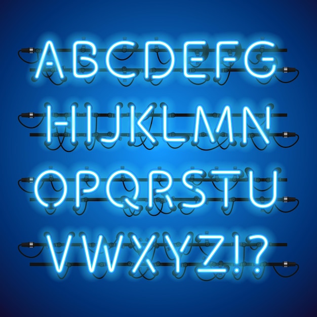 Alfabeto blu neon luminoso