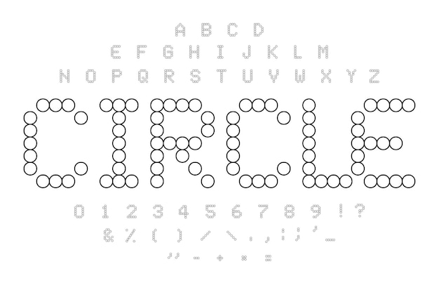 Alfabeto di contorni del cerchio. Set di lettere, numeri e simboli punteggiati semplici in bianco e nero. Forma di tessere di mosaico. Concetto di carattere puzzle cerchio