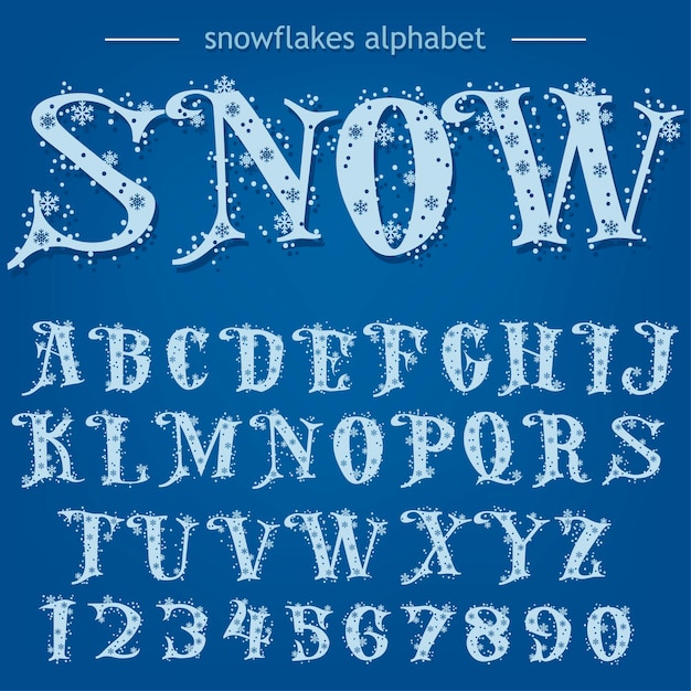Alfabeto di fiocchi di neve, carattere natalizio, lettere e numeri su sfondo blu. Vettore
