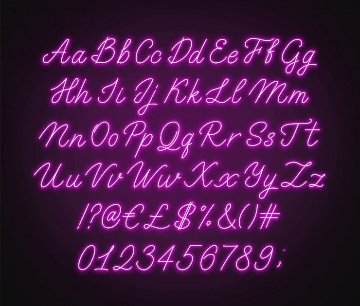 Vettore alfabeto di script rosa neon. carattere corsivo incandescente con lettere, numeri e caratteri speciali.