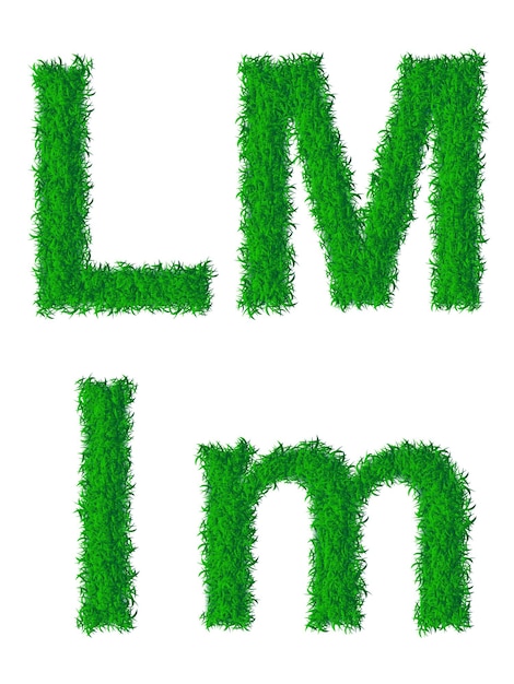 Alfabeto erba verde, lettere grandi e piccole L, M