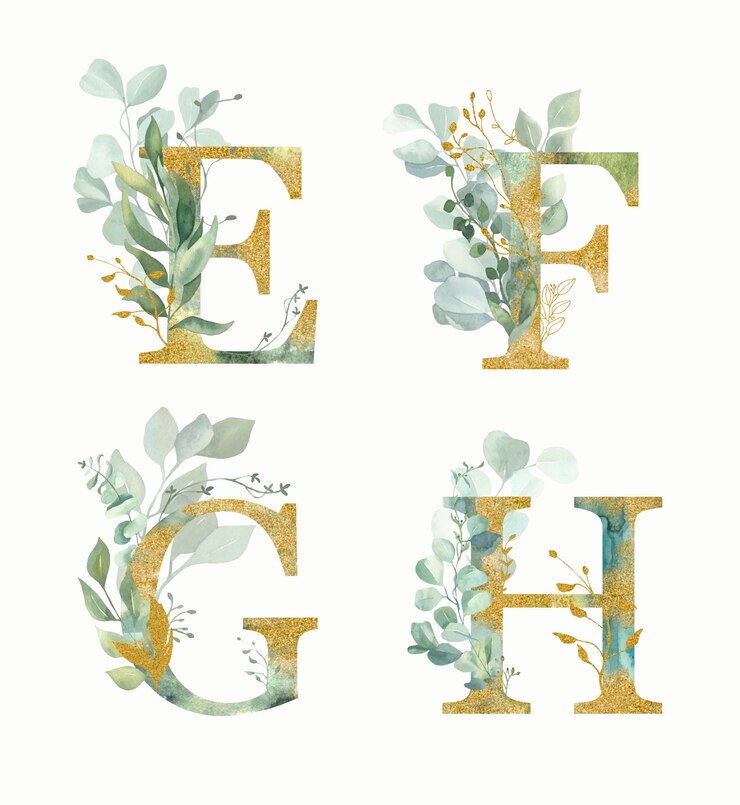 Vettore alfabeto floreale, lettere impostate - e, f, g, h con verde dell'acquerello e foglia d'oro.