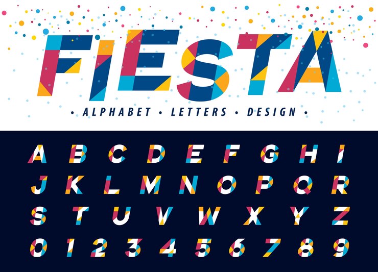 Vettore alfabeto geometrico lettere e numeri, moderno triangolo colorato lettera