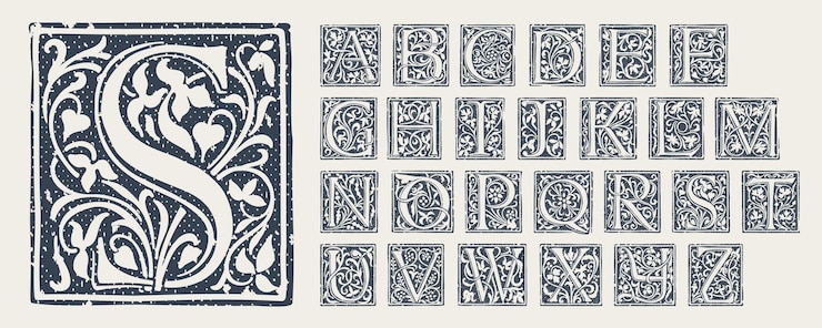 Vettore alfabeto in stile gotico medievale set di emblemi monocromatici in stile grunge