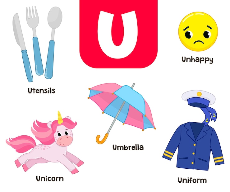 Vettore alfabeto inglese nelle immagini illustrazione vettoriale della lettera u colorata per bambini