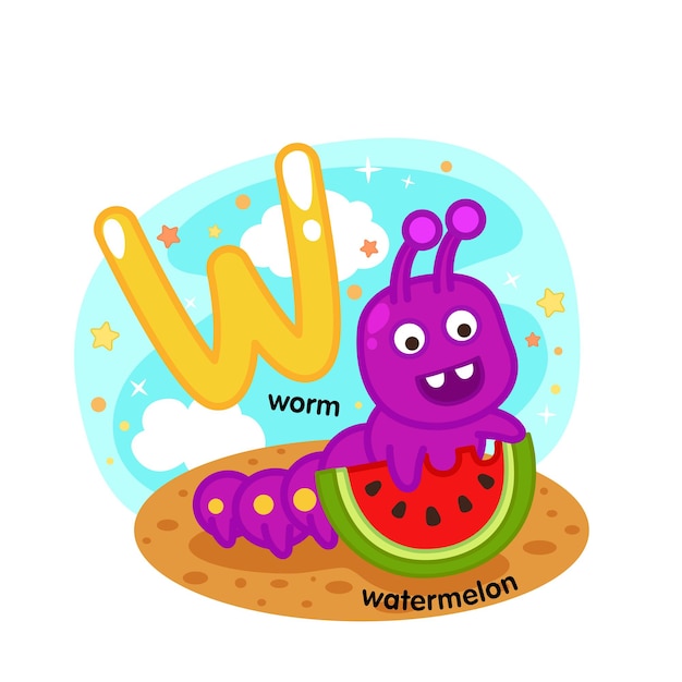 Alfabeto isolato lettera W-worm-anguria illustrazione, vettore