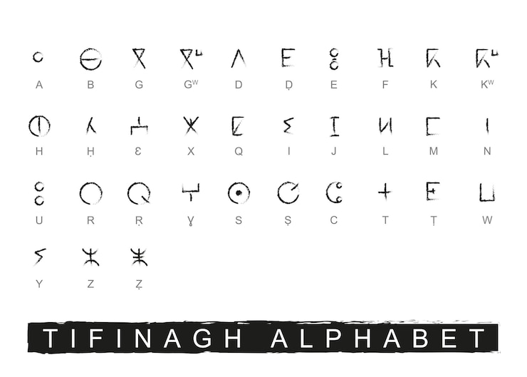 Vettore alfabeto tifinagh, vettore di testo amazigh, lettera berbera, scrittura a mano tifinagh, lettere pennello amazigh.