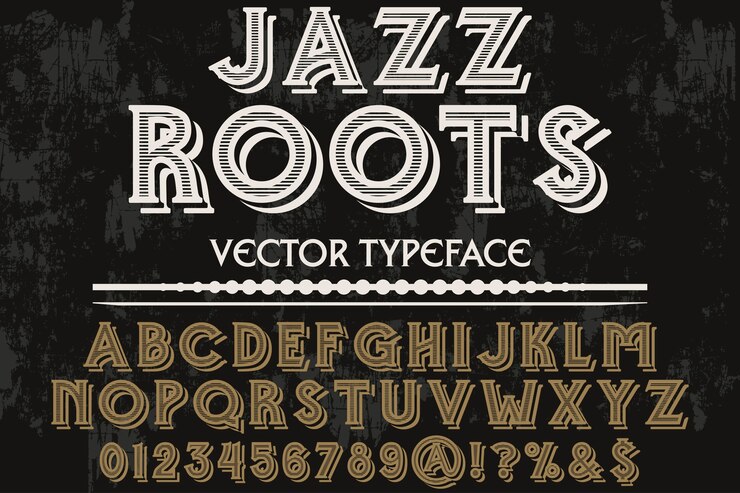 Vettore alfabeto tipografia grafica stile jazz radici