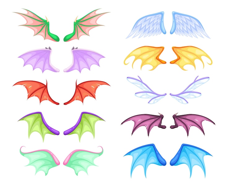 Vettore ali di drago diverse creature di mito e favola coppia ala volante fata e drago angelo e demone pipistrelli e uccelli collezione di decorazioni magiche colorate vettore cartone animato isolato insieme