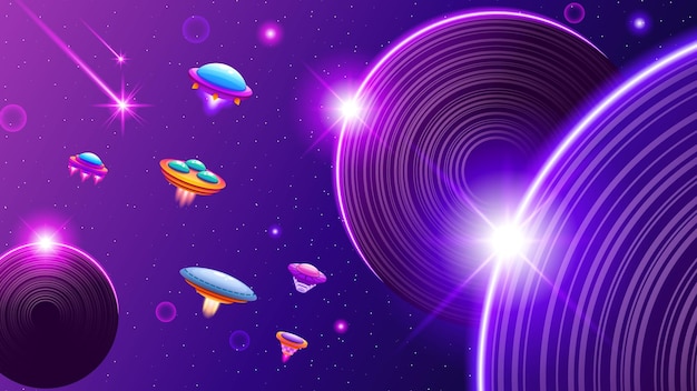 Alieni astratti su dischi volanti nello spazio pianeta sfondo gradiente oggetto volante non identificato