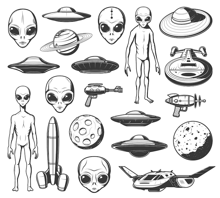 Vettore alieni, ufo e navette spaziali icone dal corpo magro e occhi enormi