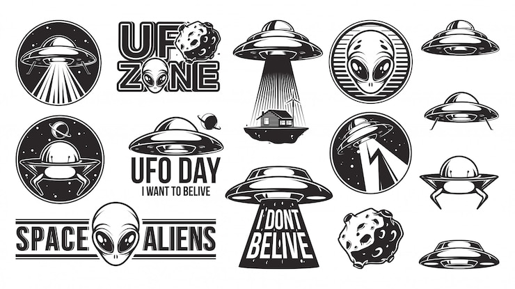 Vettore aliens logo grande set. ufo day.