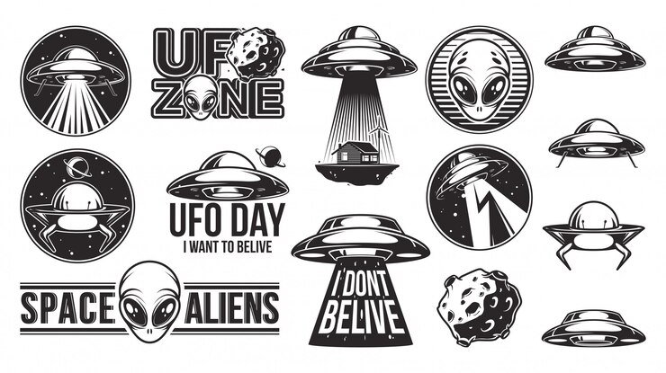 Vettore aliens logo grande set. ufo day.