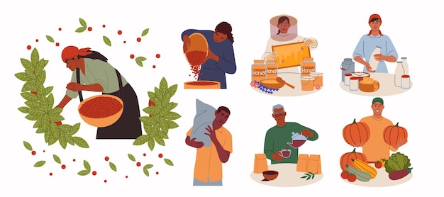 Alimentazione agricola Piantagione di caffè Processo di lavoro degli agricoltori Coltivazione di fagioli Mercato ECO Fattoria lattiero-casearia Orto vegetale Lavoratore agricolo Apiario miele Piccole imprese Venditori set vettoriale