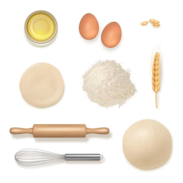 Alimenti da panetteria Ingredienti e utensili da cucina uova piatti di farina vettore decente modello realistico