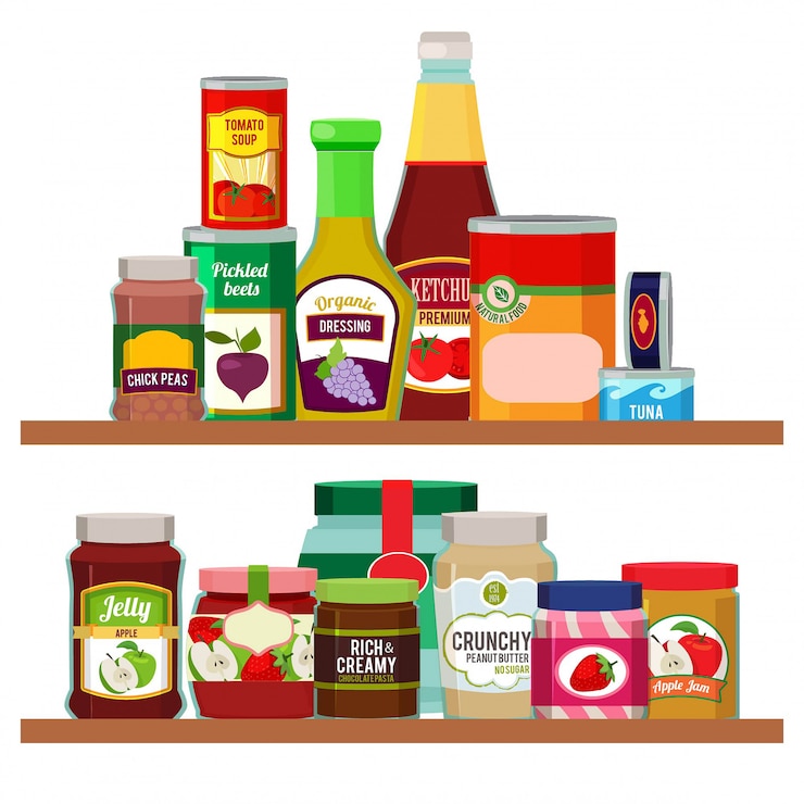 Vettore alimenti del supermercato articoli alimentari sugli scaffali