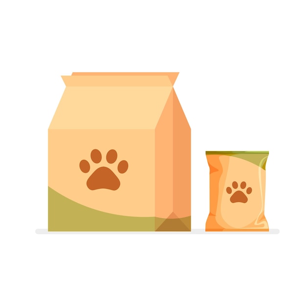 Alimenti per animali domestici Mangime per cani e gatti Pubblicità di imballaggio Illustrazione vettoriale in stile piatto e alla moda