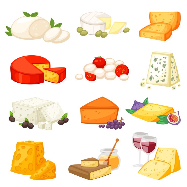 Vettore alimento e prodotti lattier-caseario di formaggio con l'illustrazione di cheeseparing dell'aperitivo svizzero mozzarella o cheddar per la prima colazione