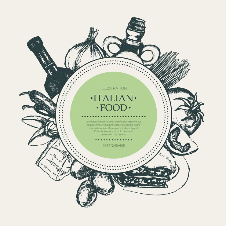 Vettore alimento italiano - insegna rotonda disegnata a mano di vettore con copyspace. lasagne realistiche alle olive, olio, aglio, aceto, pasta, pomodoro, peperoncino piccante, formaggio e mandorle
