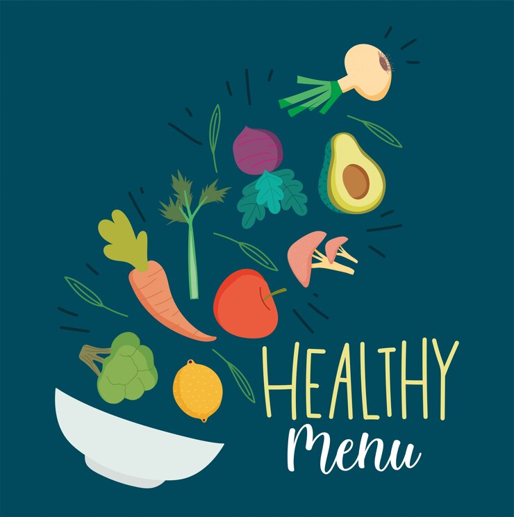 Vettore alimento sano, frutta fresca e verdure che cadono nella dieta di nutrizione della ciotola