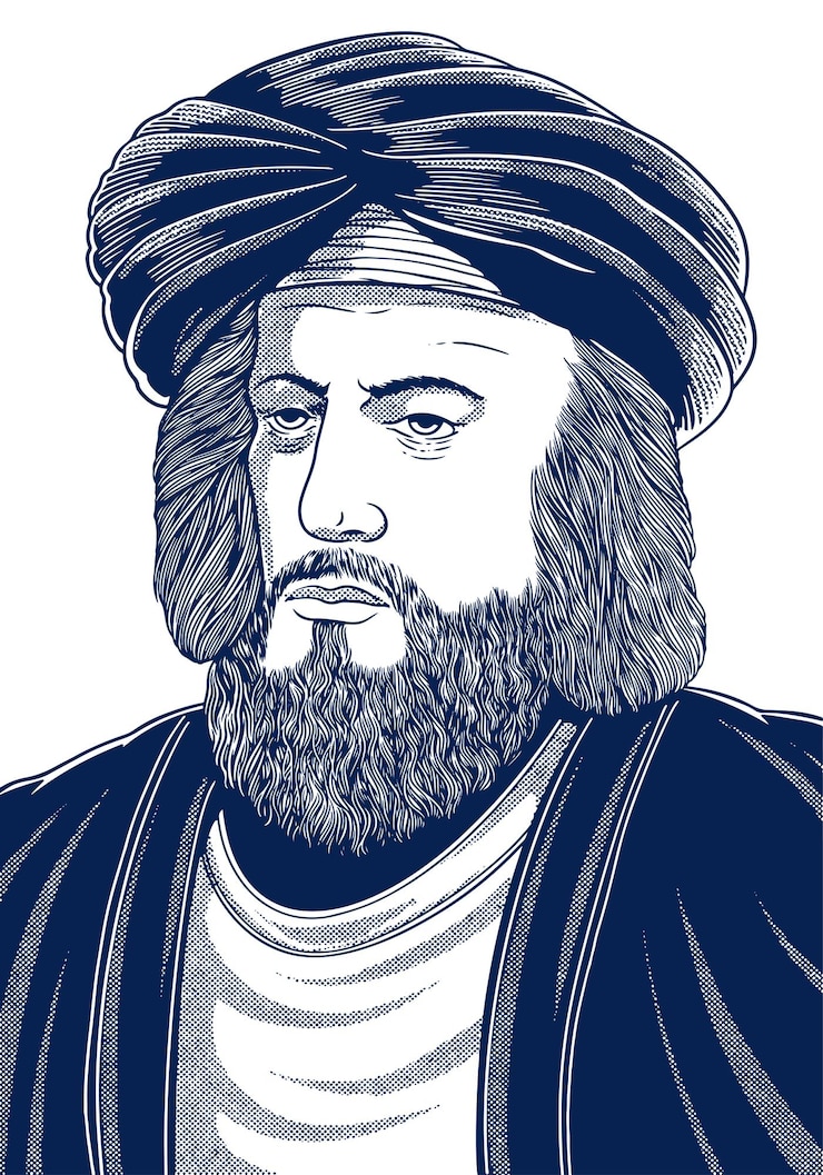 Vettore alkindi 801873 ritratto in incisione disegnato a mano filosofo e pioniere del pensiero islamico