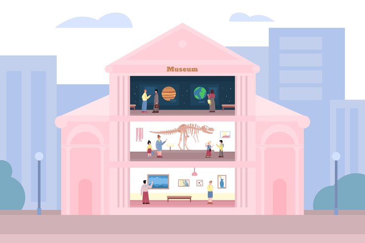 Vettore all'interno dell'edificio del museo con visitatori e mostre illustrazione vettoriale piatta