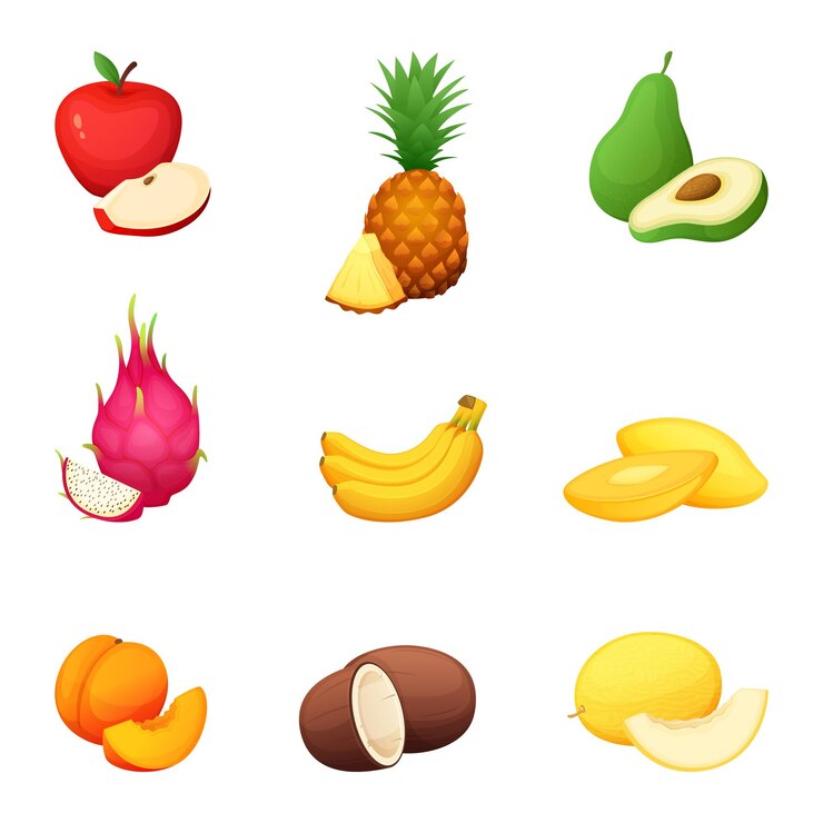 Vettore allegagione mele ananas avocado banane mango pesca cocco draghi occhio fresco raccolto di fattoria