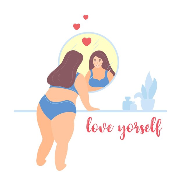 Ama il concetto di citazione del tuo corpo Giovane donna in biancheria intima che si guarda nello specchio con fiducia