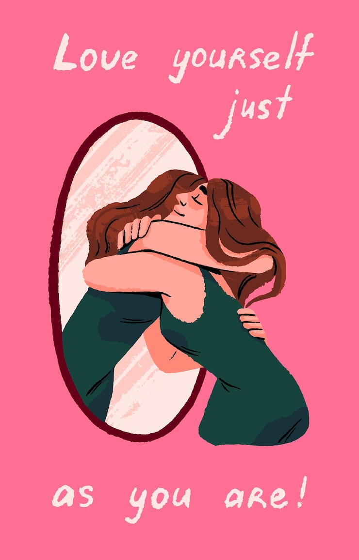 Vettore ama te stesso concetto la donna abbraccia il gemello dal riflesso dello specchio persona felice auto-supporto e accettazione la ragazza si abbraccia carta poster motivazione femminile con citazione illustrazione vettoriale piatta