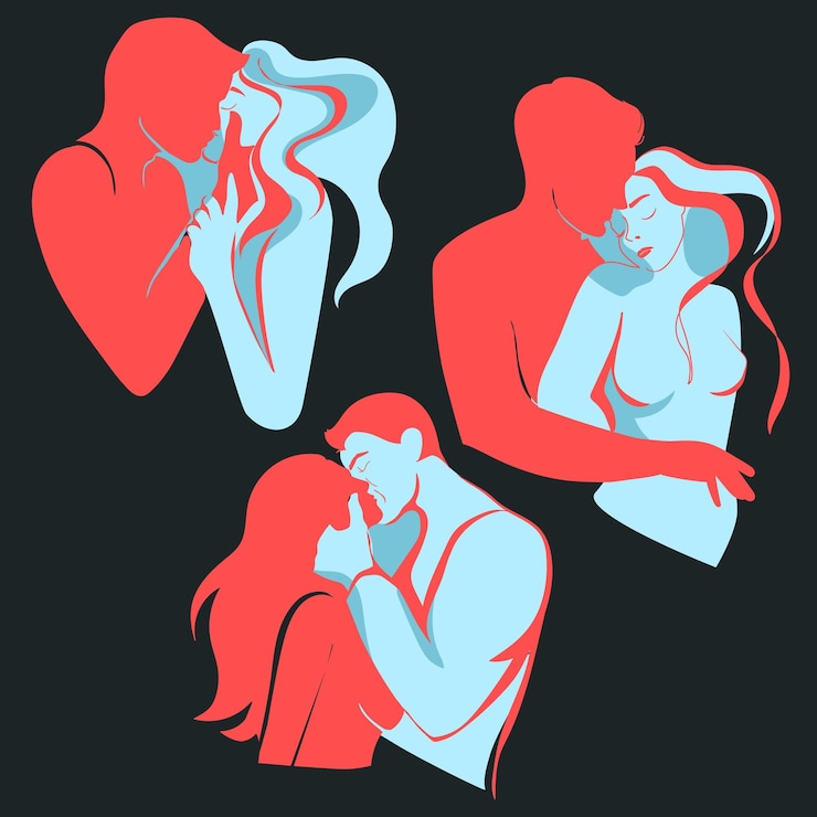 Vettore amanti uomini e donne che si baciano in pose appassionate disegno astratto silhouette illustrazione vettoriale