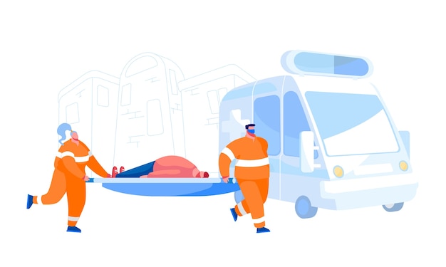 Ambulanza personale medico professionale concetto di occupazione. Medici che trasportano il paziente ferito all'ospedale. Personaggi del medico paramedico di emergenza e auto, assistenza sanitaria. Gente del fumetto