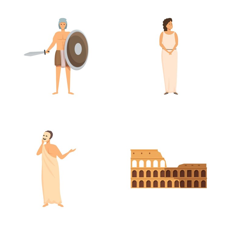 Vettore amfiteatro icone set cartone animato vettore antico personaggio romano e punto di riferimento