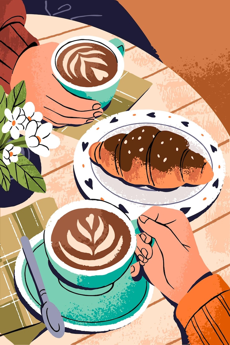Vettore amici che si incontrano in un bar e bevono caffè vista dall'alto le persone tengono in mano le tazze di cappuccino poster coppia con tazze in mano e croissant comunica al tavolo in una caffetteria illustrazione vettoriale piatta