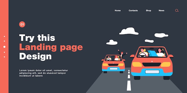 Amici che vanno in viaggio insieme. Illustrazione vettoriale piatto. Giovani uomini e donne che viaggiano su due auto identiche lungo un percorso prestabilito. Avventura, amicizia, trasporti, viaggi, concetto di auto