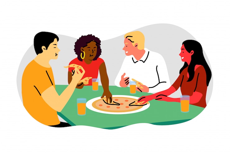 Vettore amicizia, pausa, cena, comunicazione, incontro, affari, concetto di pizza