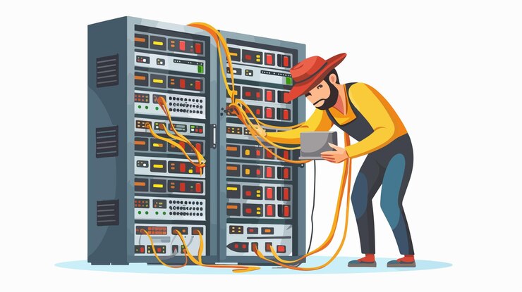 Vettore amministratore di sistema professionista personaggio maschile riparazione e regolazione delle connessioni di rete