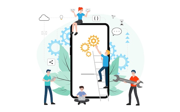 Amministratore IT con processo di aggiornamento del software su dispositivo mobile. Amministrazione dei dispositivi del sistema digitale, manutenzione della rete, concetto di configurazione dei sistemi smartphone. Vettore dell'applicazione di manutenzione del sistema.