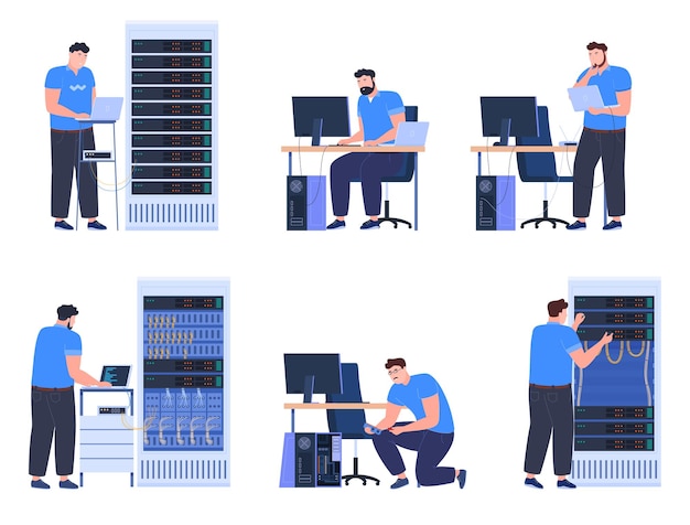 Amministratori di sistema che forniscono assistenza a computer e server Manutenzione dei dispositivi più recenti Illustrazione vettoriale su sfondo bianco