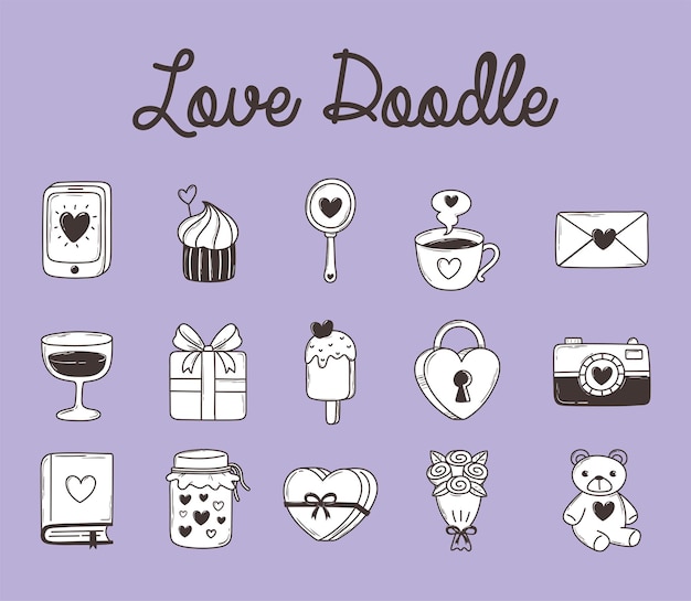 Amore doodle smartphone cupcake regalo lucchetto orso fotocamera gelato e più collezione di icone