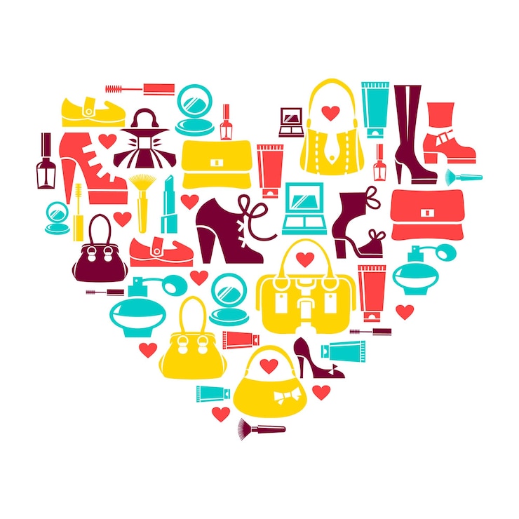 Vettore amore per lo shopping - cuore con set di icone vettoriali moda donna