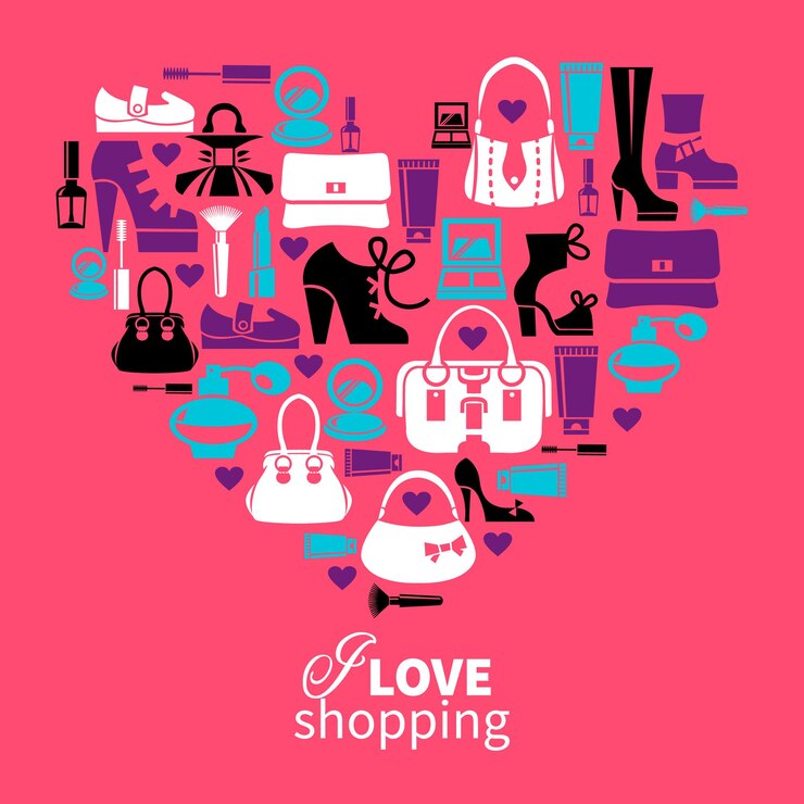 Vettore amore per lo shopping - cuore con set di icone vettoriali moda donna