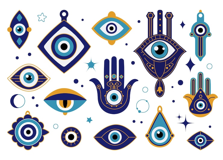 Vettore amuletti degli occhi malvagi esoterico turco o greco talismano degli occhi blu protezione magica simboli sacri e icone religiose collezione di fantasia vettoriale decente