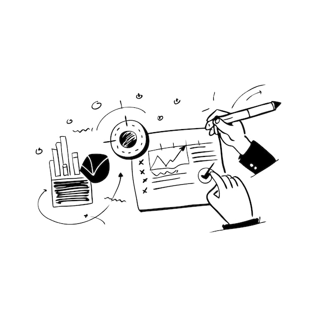 Analisi aziendale strategica disegnata a mano Doodle line art illustrazione vettoriale piatta su sfondo bianco