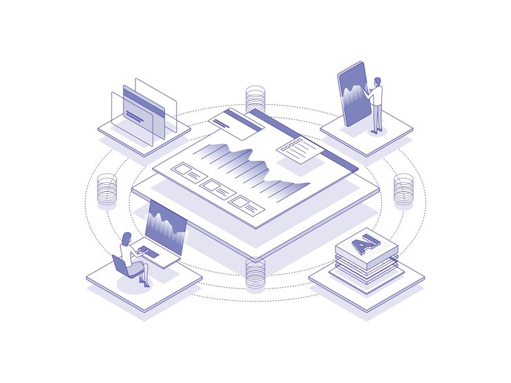 Vettore analisi degli investimenti illustrazione isometrica colore lineare adatto per la presentazione dei diagrammi dei banner del sito web dell'app mobile e altre risorse grafiche