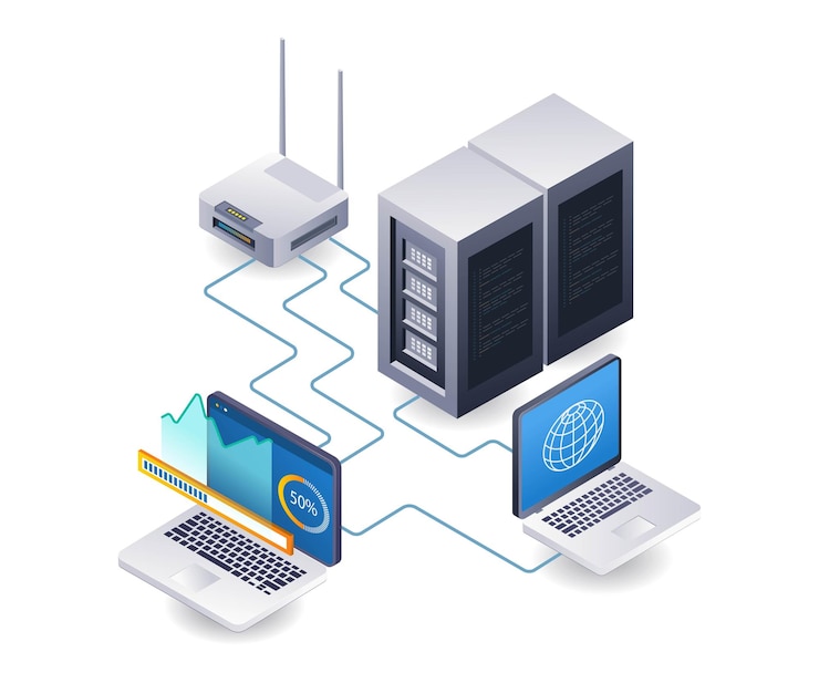 Vettore analista di tecnologia di server di rete wi-fi infografica illustrazione 3d isometrica piatta